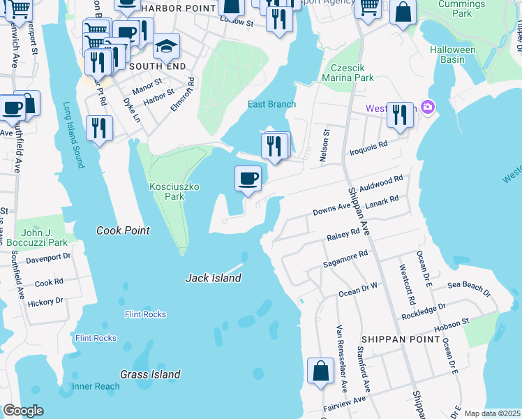 map of restaurants, bars, coffee shops, grocery stores, and more near 250 Harbor Drive in Stamford
