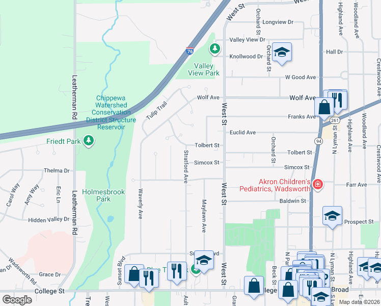 map of restaurants, bars, coffee shops, grocery stores, and more near 356 Simcox Street in Wadsworth