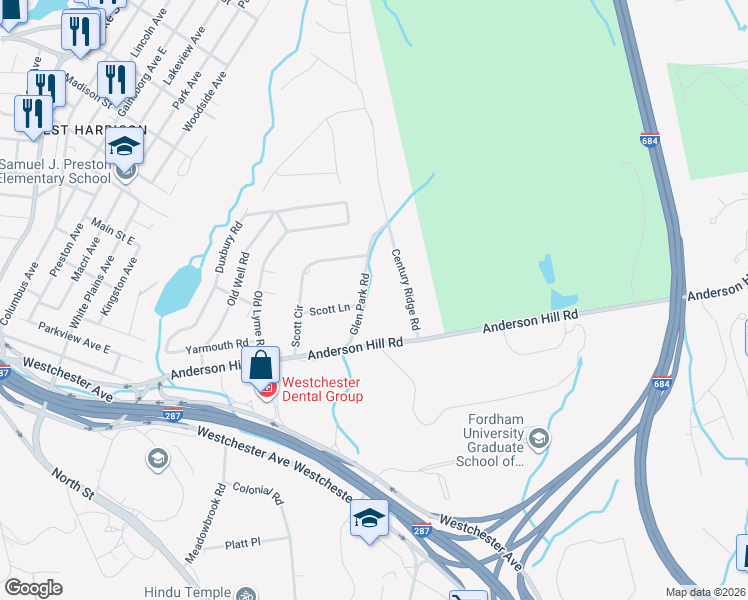 map of restaurants, bars, coffee shops, grocery stores, and more near 12 Glen Park Road in Harrison