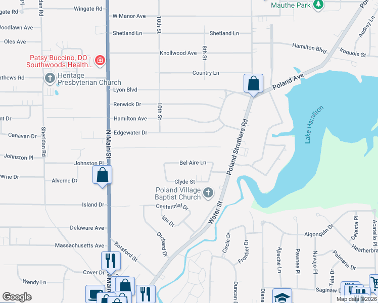 map of restaurants, bars, coffee shops, grocery stores, and more near 2345 Venloe Drive in Youngstown