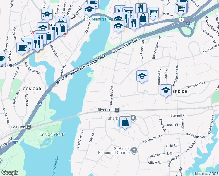 map of restaurants, bars, coffee shops, grocery stores, and more near 1 Bayside Terrace in Greenwich