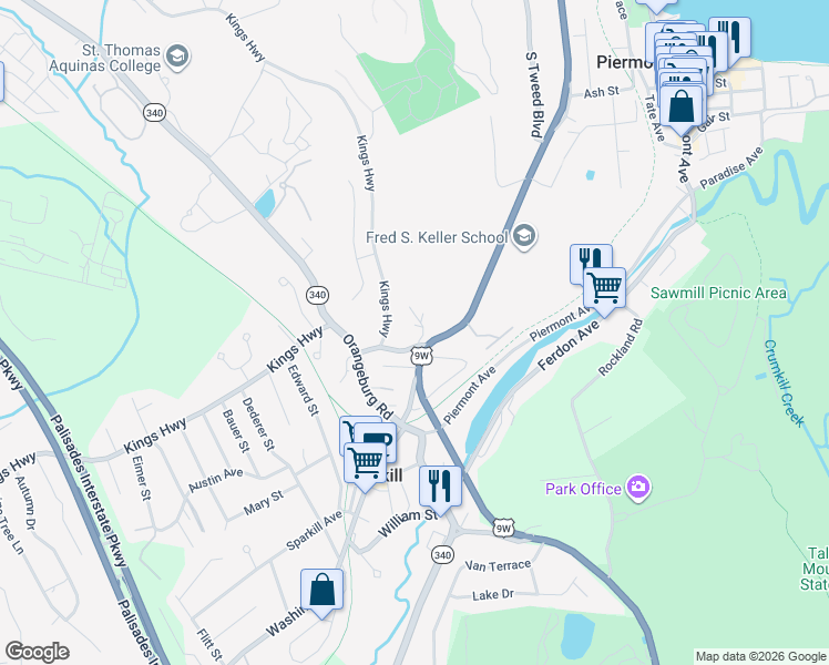 map of restaurants, bars, coffee shops, grocery stores, and more near 3 West Lawrence Park Drive in Piermont