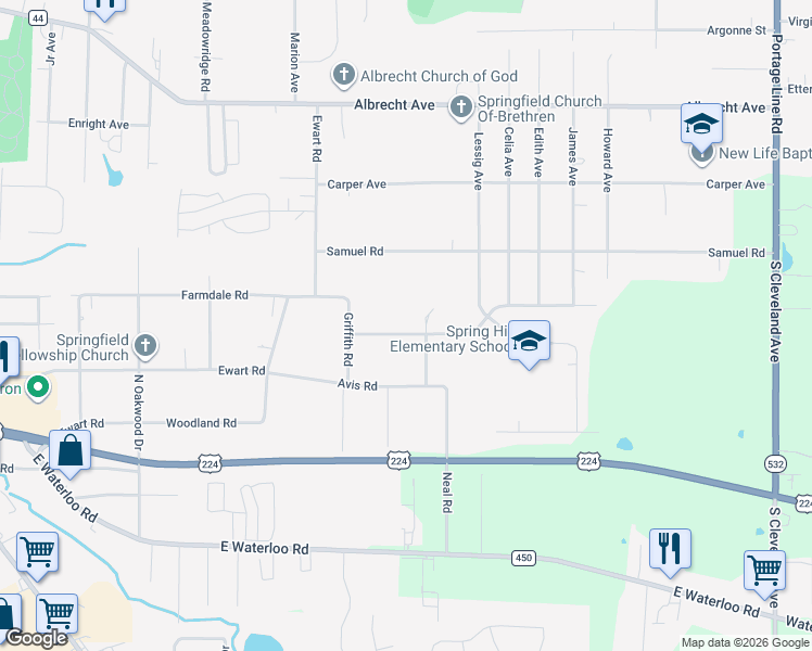map of restaurants, bars, coffee shops, grocery stores, and more near 3275 Brunk Road in Akron