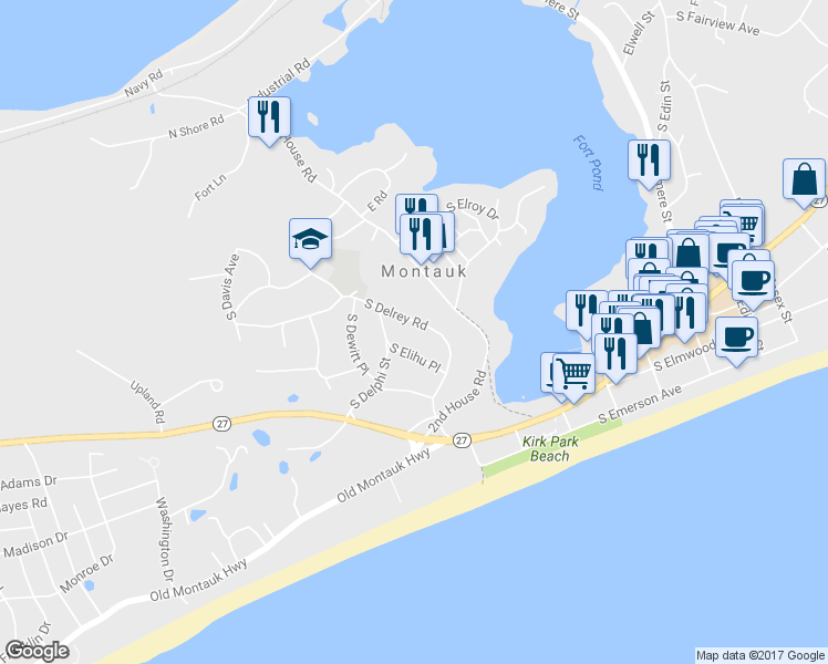 map of restaurants, bars, coffee shops, grocery stores, and more near 27 South Delrey Road in Montauk