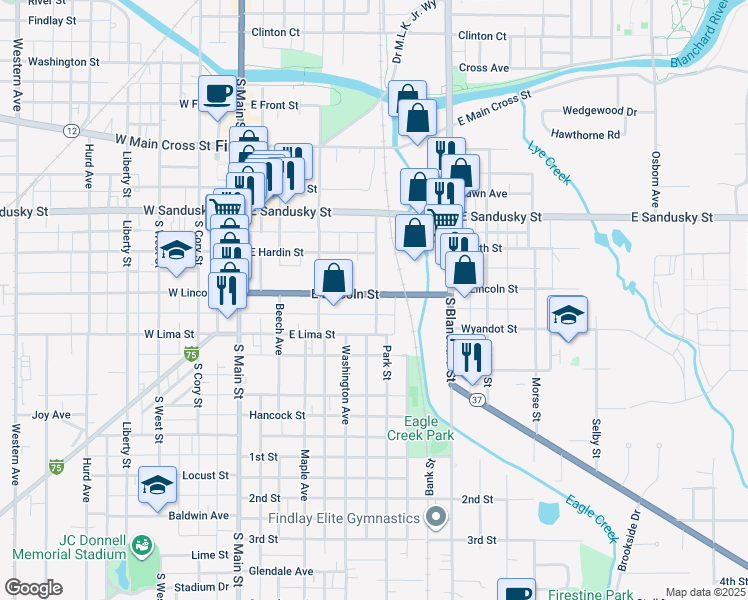 map of restaurants, bars, coffee shops, grocery stores, and more near 349 East Lincoln Street in Findlay