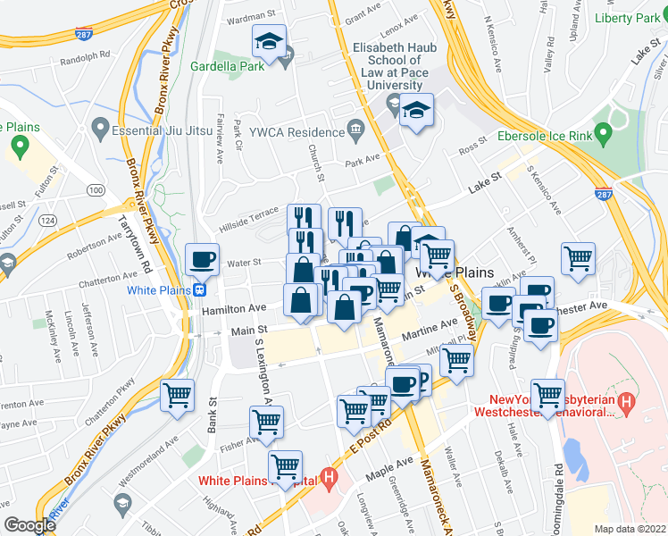 map of restaurants, bars, coffee shops, grocery stores, and more near 274 Hamilton Avenue in White Plains