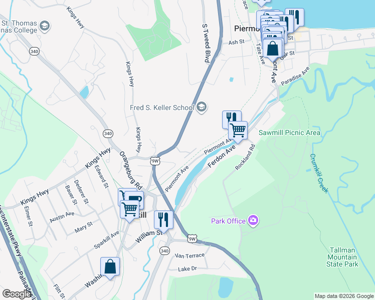 map of restaurants, bars, coffee shops, grocery stores, and more near 7 East Lawrence Park Drive in Piermont