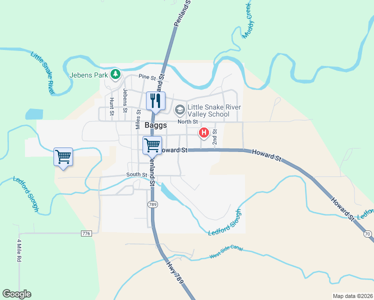 map of restaurants, bars, coffee shops, grocery stores, and more near Howard Street in Baggs