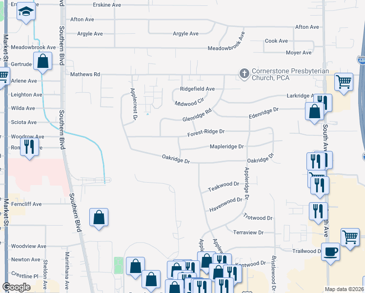 map of restaurants, bars, coffee shops, grocery stores, and more near 670 Mapleridge Drive in Youngstown
