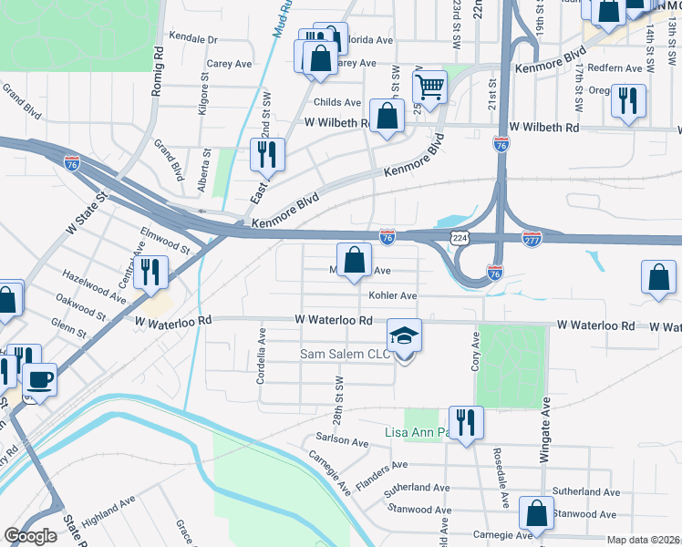 map of restaurants, bars, coffee shops, grocery stores, and more near 1234 McIntosh Avenue in Akron