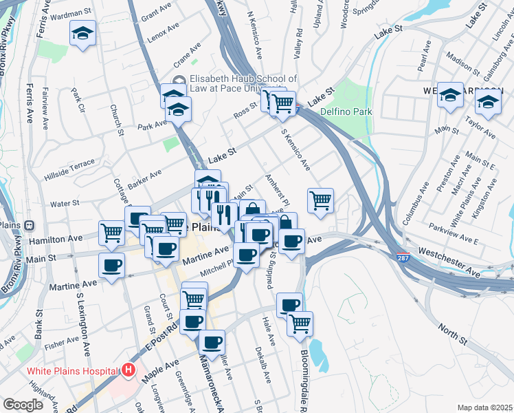 map of restaurants, bars, coffee shops, grocery stores, and more near 1 Broad Parkway in White Plains