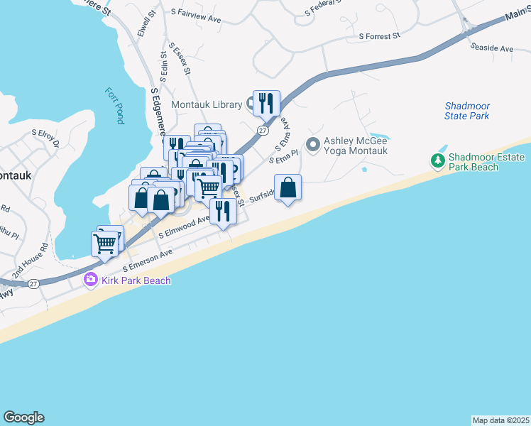 map of restaurants, bars, coffee shops, grocery stores, and more near 20 Surfside Avenue in Montauk