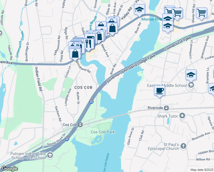 map of restaurants, bars, coffee shops, grocery stores, and more near 1 River Road in Greenwich
