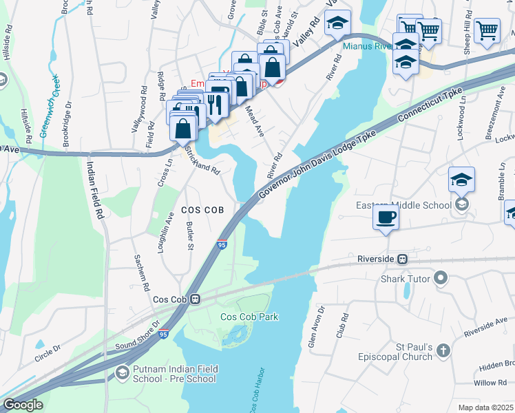 map of restaurants, bars, coffee shops, grocery stores, and more near 1 River Road in Greenwich