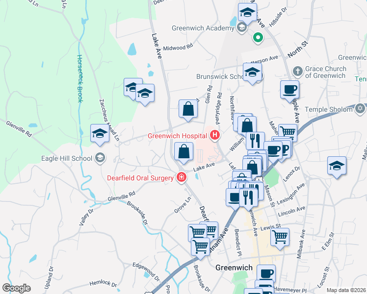map of restaurants, bars, coffee shops, grocery stores, and more near 35 Rockview Drive in Greenwich