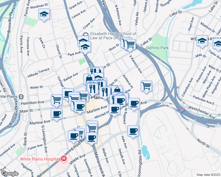 map of restaurants, bars, coffee shops, grocery stores, and more near in White Plains