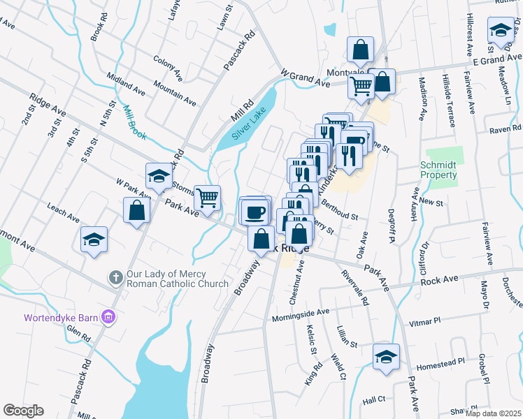 map of restaurants, bars, coffee shops, grocery stores, and more near 75 Madison Avenue in Park Ridge