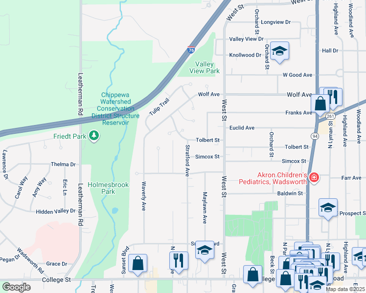 map of restaurants, bars, coffee shops, grocery stores, and more near 385 North Avon Avenue in Wadsworth