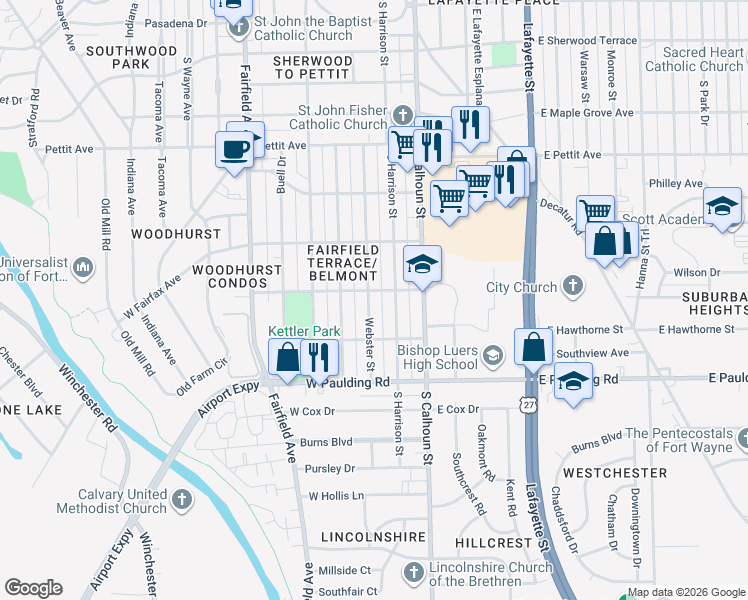 map of restaurants, bars, coffee shops, grocery stores, and more near 5421 Webster Street in Fort Wayne