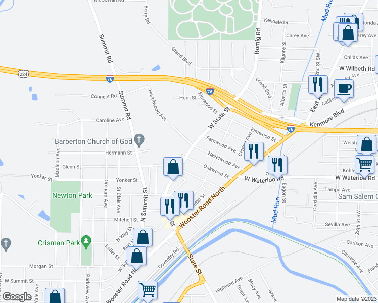 map of restaurants, bars, coffee shops, grocery stores, and more near West State Street in Barberton