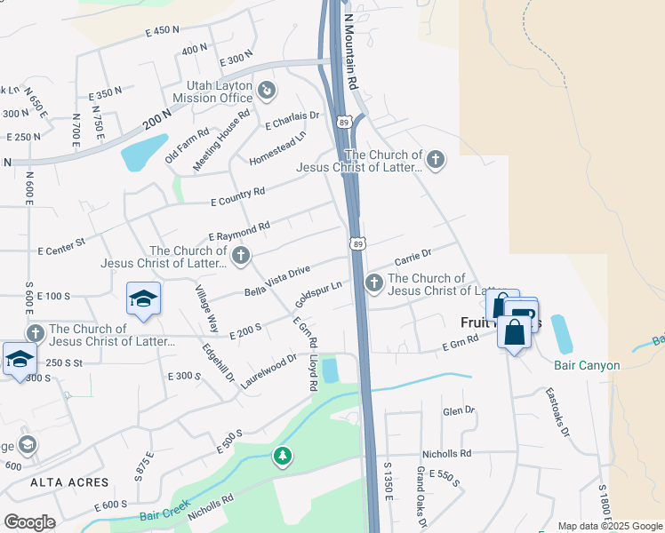 map of restaurants, bars, coffee shops, grocery stores, and more near 1228 Bella Vista Drive in Fruit Heights