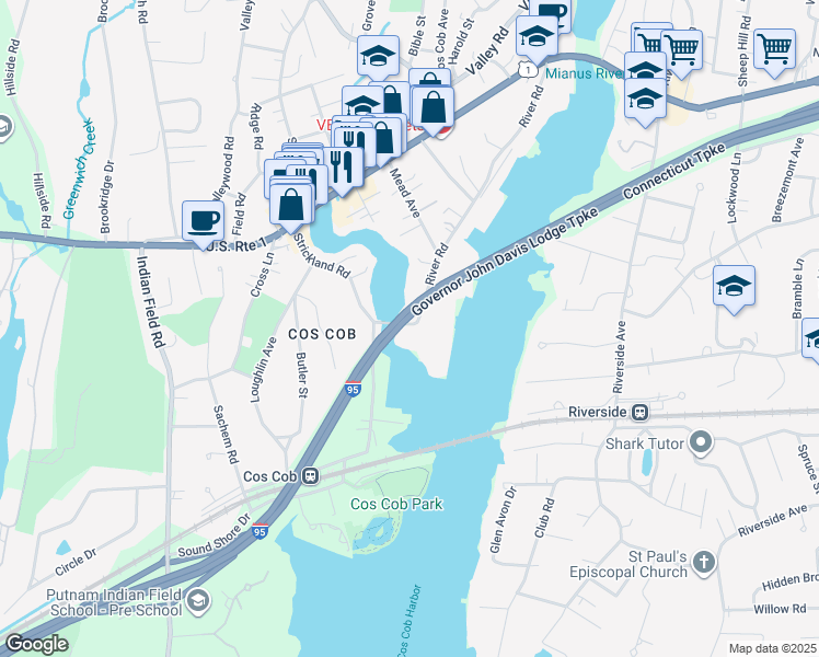 map of restaurants, bars, coffee shops, grocery stores, and more near 1 River Road in Greenwich