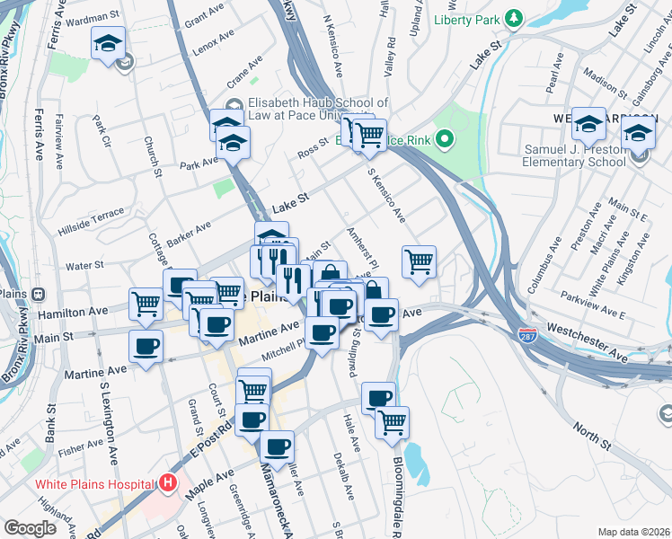 map of restaurants, bars, coffee shops, grocery stores, and more near 1 Broad Parkway in White Plains