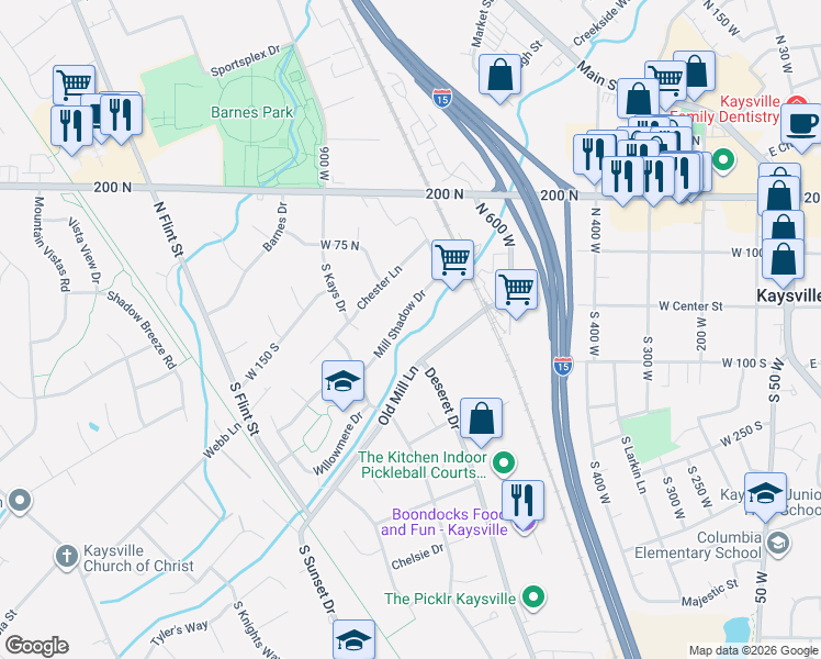 map of restaurants, bars, coffee shops, grocery stores, and more near 799 Mill Shadow Drive in Kaysville