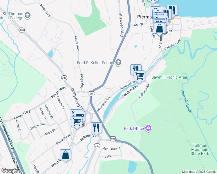map of restaurants, bars, coffee shops, grocery stores, and more near 22 Roundtree Circle in Piermont