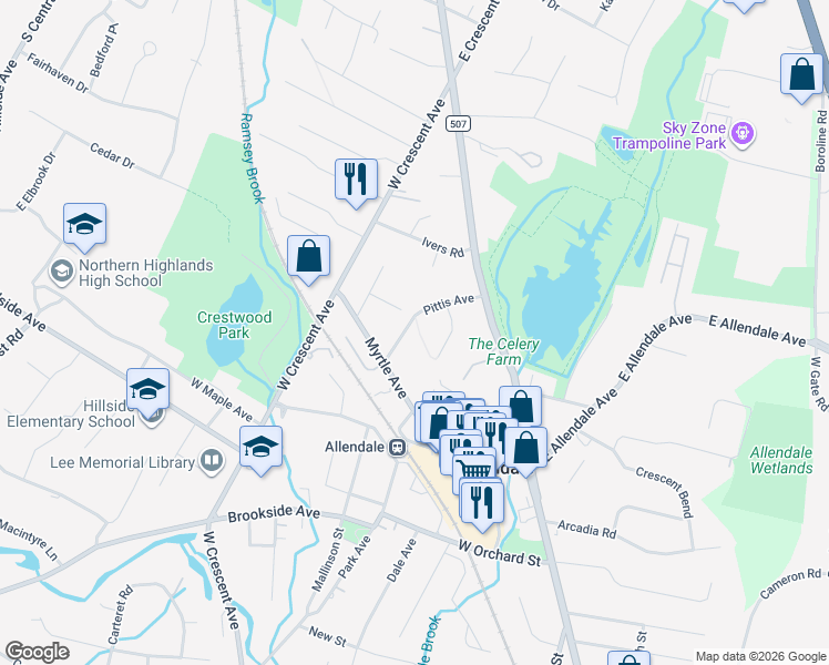 map of restaurants, bars, coffee shops, grocery stores, and more near 54 Grey Avenue in Allendale