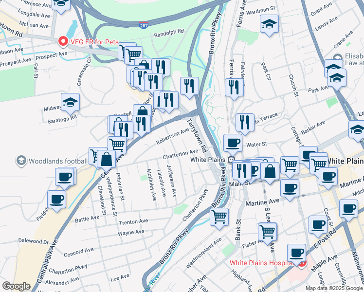 map of restaurants, bars, coffee shops, grocery stores, and more near 30 Chatterton Avenue in White Plains