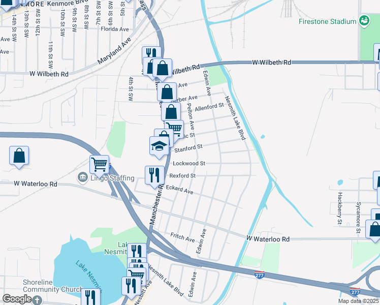 map of restaurants, bars, coffee shops, grocery stores, and more near 464 Stanford Street in Akron