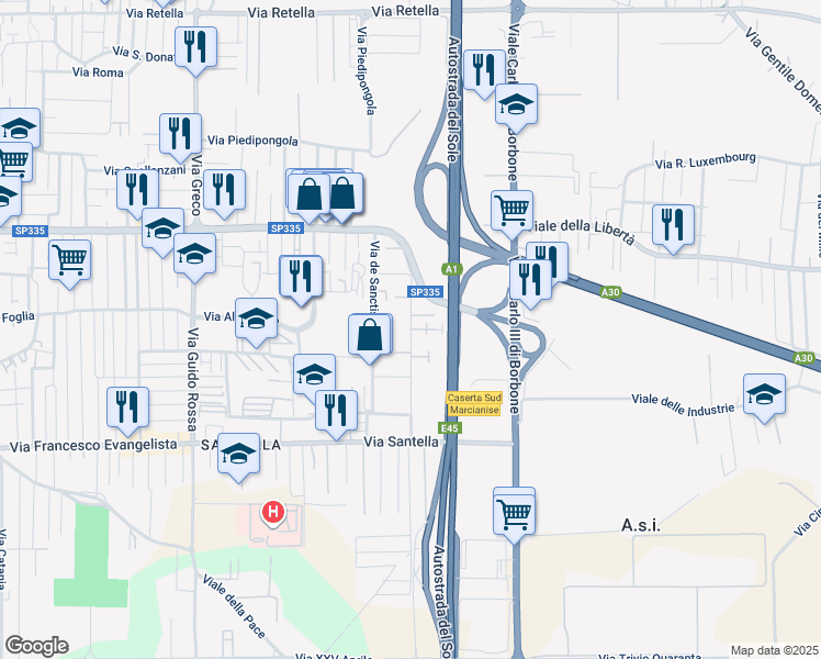 map of restaurants, bars, coffee shops, grocery stores, and more near 19 Via Giudice Falcone in Marcianise