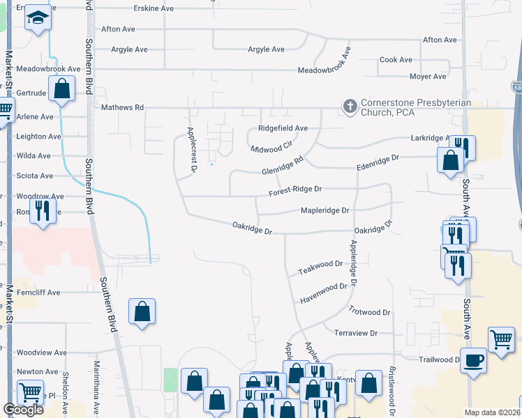 map of restaurants, bars, coffee shops, grocery stores, and more near 670 Mapleridge Drive in Youngstown
