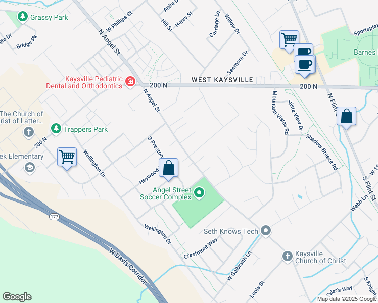 map of restaurants, bars, coffee shops, grocery stores, and more near 1872 West 75 South in Kaysville