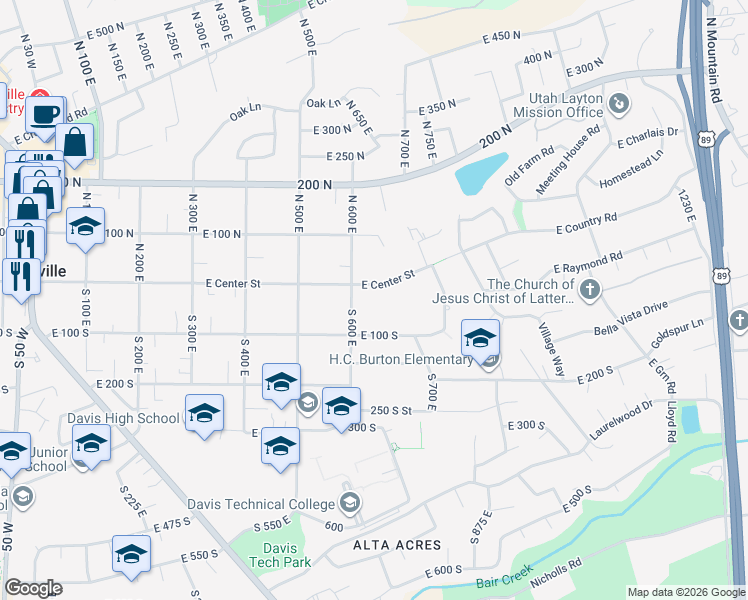 map of restaurants, bars, coffee shops, grocery stores, and more near 642 East Center Street in Kaysville