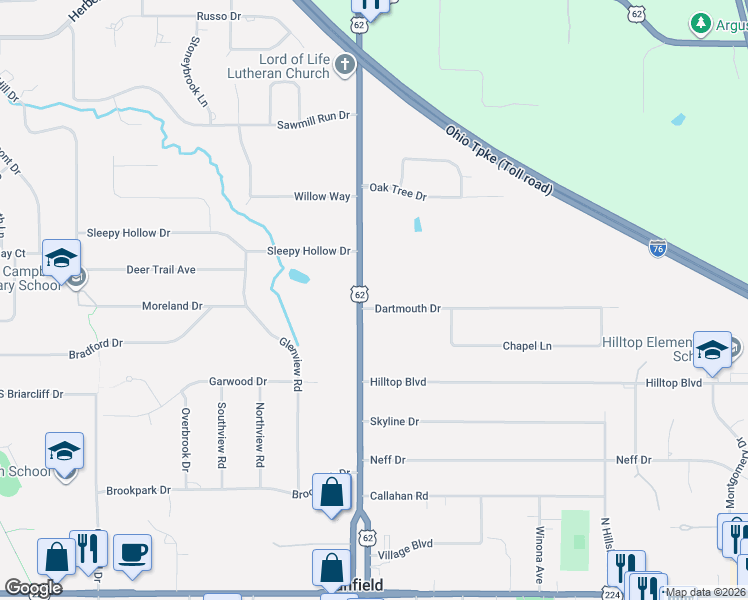 map of restaurants, bars, coffee shops, grocery stores, and more near 21 Dartmouth Drive in Canfield