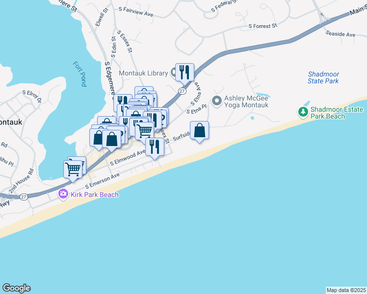 map of restaurants, bars, coffee shops, grocery stores, and more near 20 Surfside Avenue in Montauk