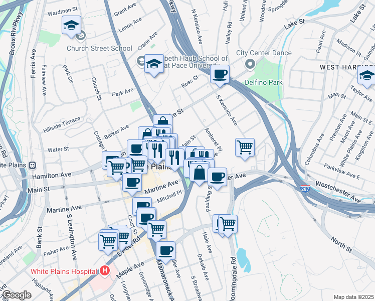 map of restaurants, bars, coffee shops, grocery stores, and more near 2 Westchester Avenue in White Plains