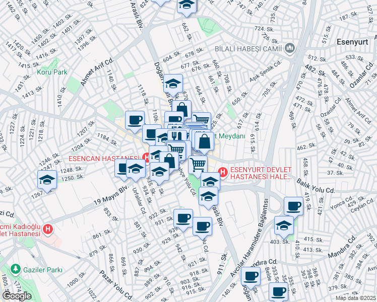 map of restaurants, bars, coffee shops, grocery stores, and more near in Esenyurt