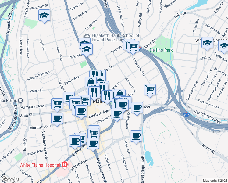 map of restaurants, bars, coffee shops, grocery stores, and more near 292 Main Street in White Plains