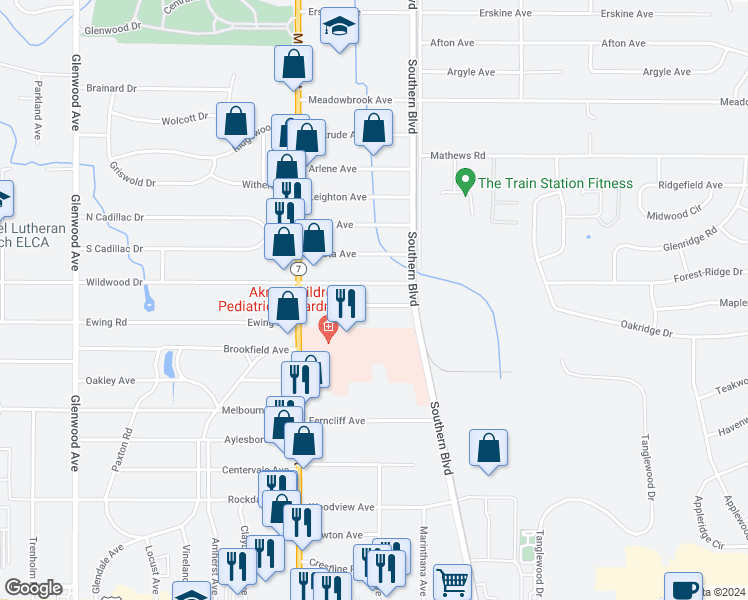 map of restaurants, bars, coffee shops, grocery stores, and more near 60 Romaine Avenue in Boardman