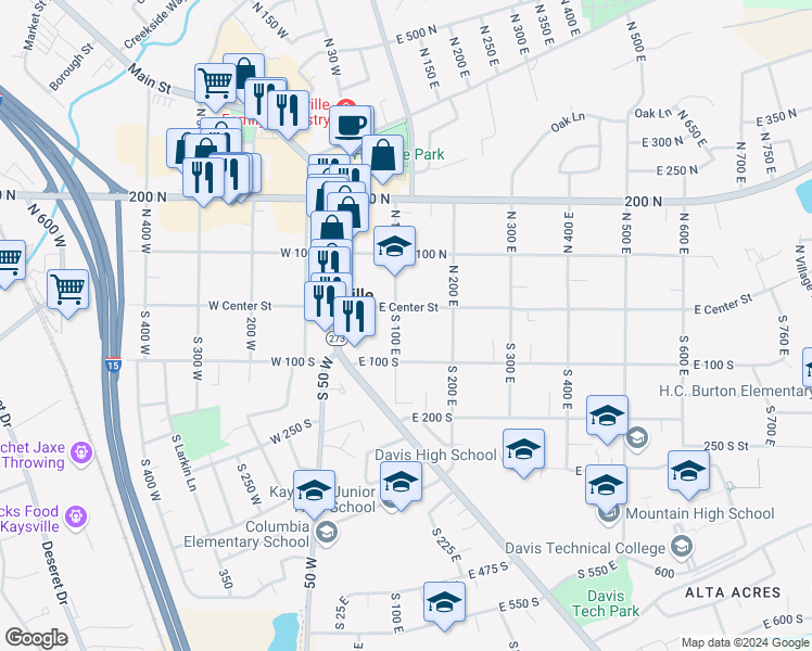 map of restaurants, bars, coffee shops, grocery stores, and more near 31 South 100 East in Kaysville