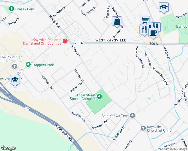 map of restaurants, bars, coffee shops, grocery stores, and more near 1872 West 75 South in Kaysville