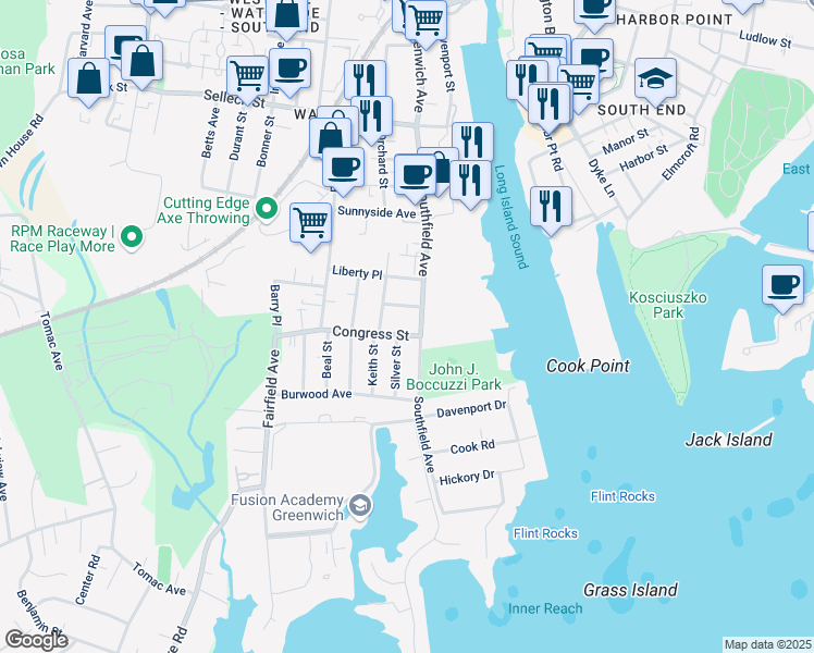 map of restaurants, bars, coffee shops, grocery stores, and more near 189 Southfield Avenue in Stamford