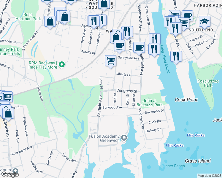 map of restaurants, bars, coffee shops, grocery stores, and more near 526 Fairfield Avenue in Stamford