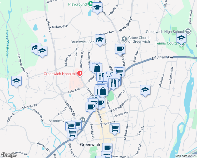 map of restaurants, bars, coffee shops, grocery stores, and more near 58 Church Street in Greenwich
