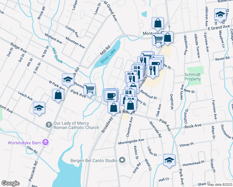 map of restaurants, bars, coffee shops, grocery stores, and more near 75 Madison Avenue in Park Ridge