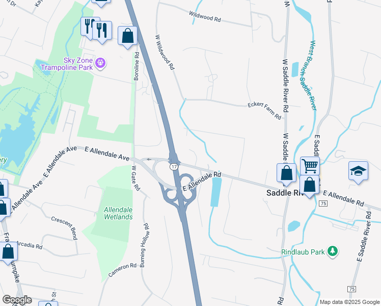 map of restaurants, bars, coffee shops, grocery stores, and more near 2 Choctau Trail in Saddle River