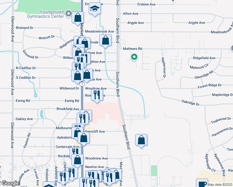 map of restaurants, bars, coffee shops, grocery stores, and more near 6400 Southern Boulevard in Youngstown